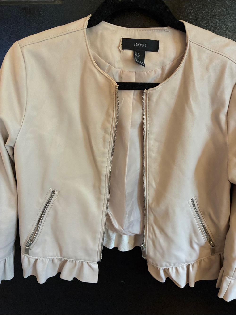 Forever 21 Light Blush Ruffle-Hem Faux Leather Jacket L as is